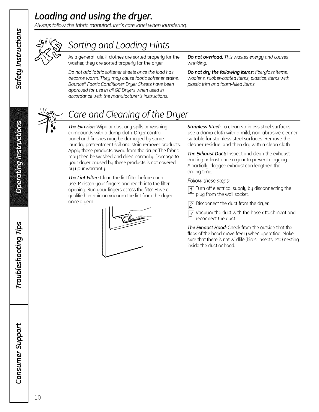 GE 175D1807P596 operating instructions Sorting and Loading Hints, Care and Cleaning of the Dryer 