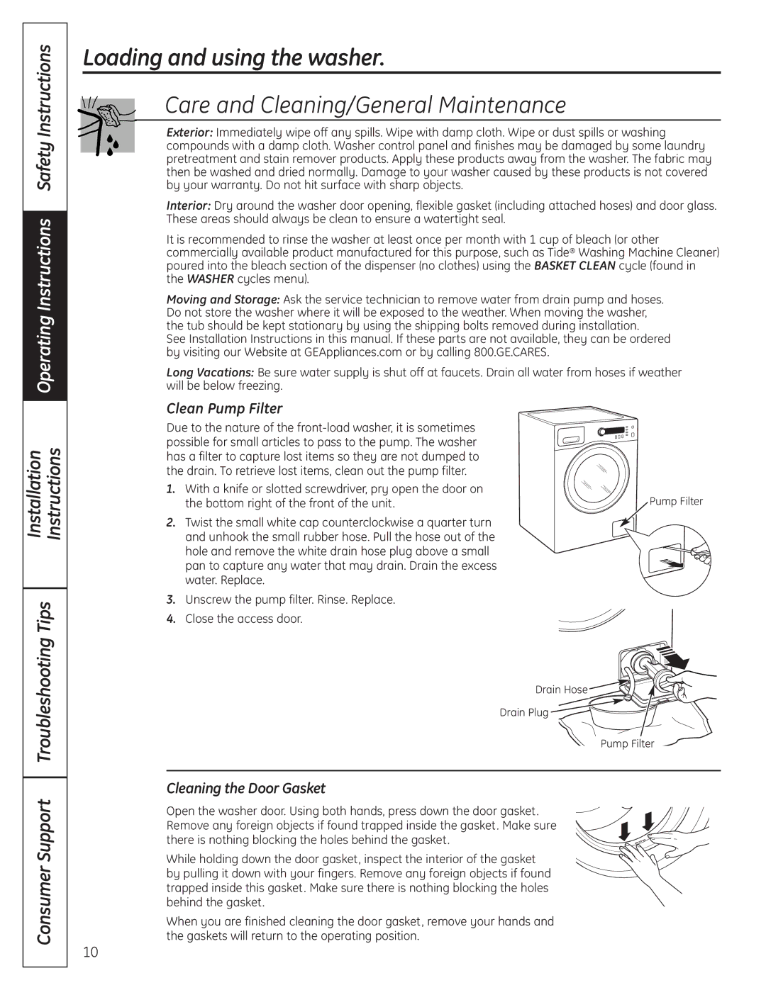 GE 175D1807P633 Care and Cleaning/General Maintenance, Clean Pump Filter, Cleaning the Door Gasket 