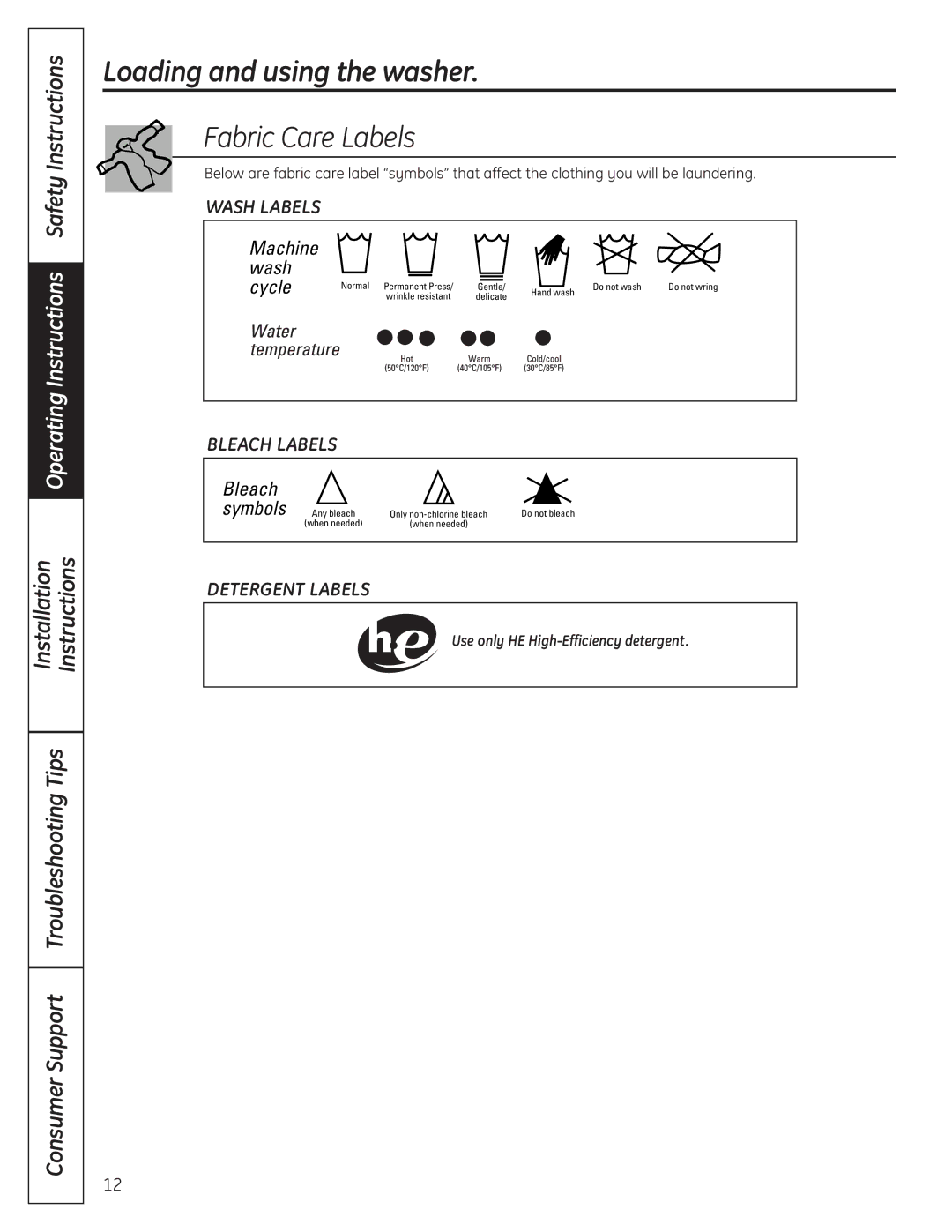 GE 175D1807P633 installation instructions Fabric Care Labels, Machine wash Cycle 