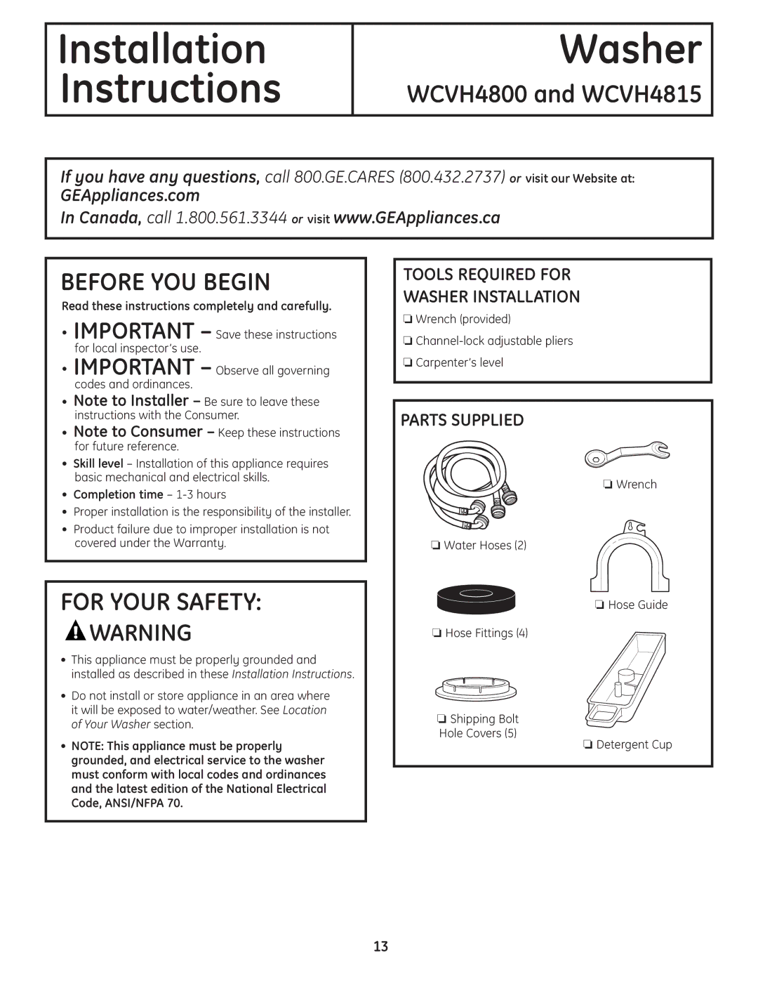 GE 175D1807P633 installation instructions Tools Required for Washer Installation, Parts Supplied 