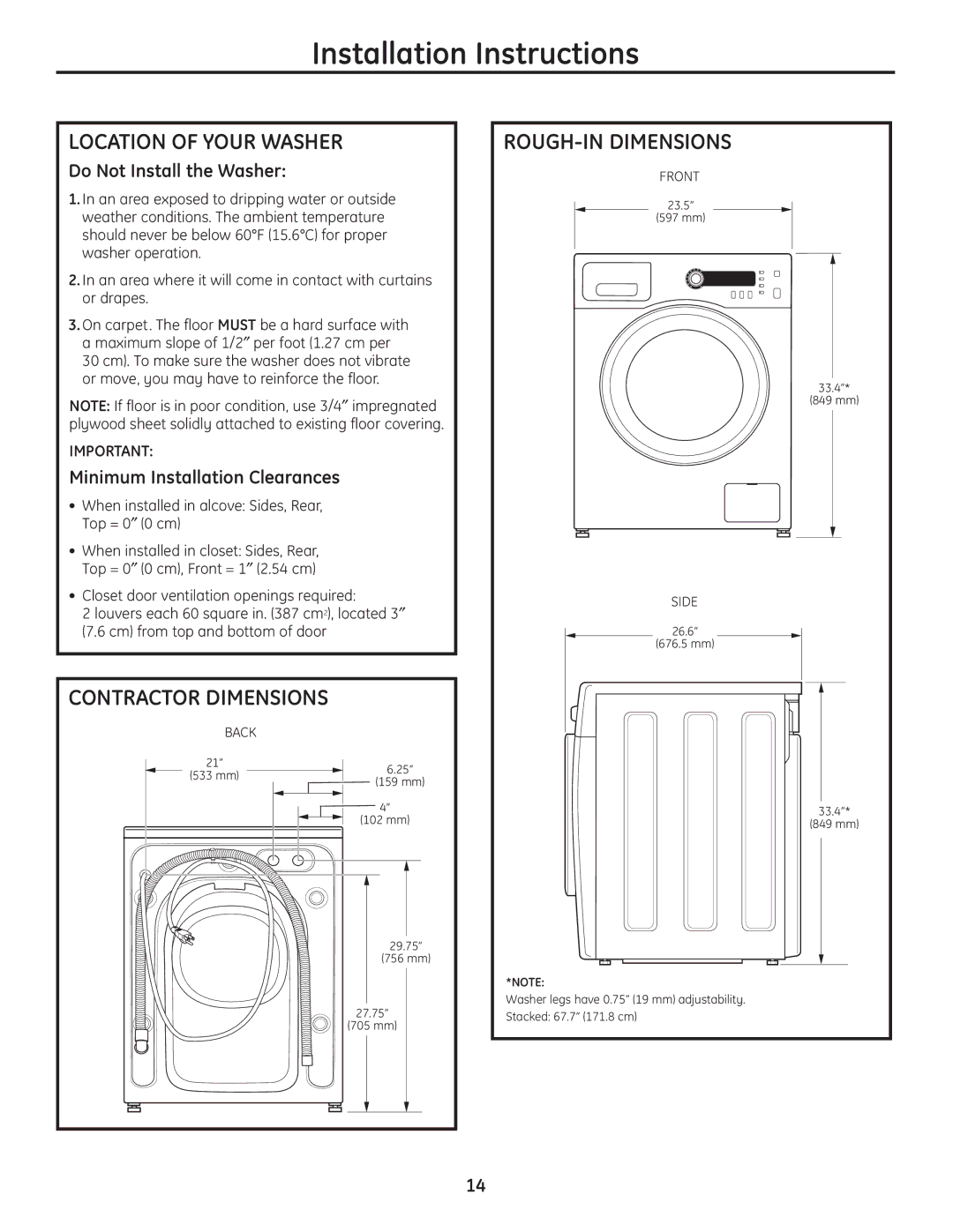 GE 175D1807P633 installation instructions Location of Your Washer, Contractor Dimensions, ROUGH-IN Dimensions 