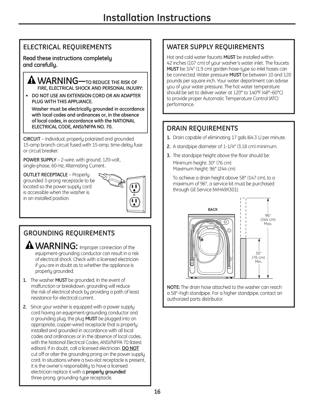 GE 175D1807P633 Electrical Requirements, Grounding Requirements, Water Supply Requirements, Drain Requirements 