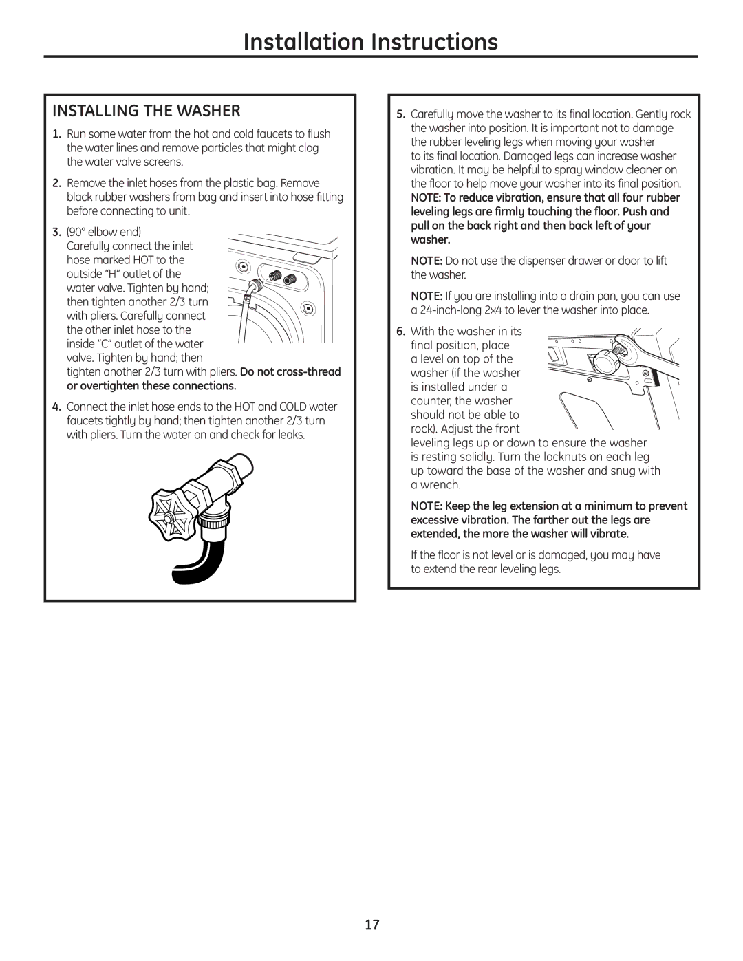 GE 175D1807P633 installation instructions Installing the Washer 