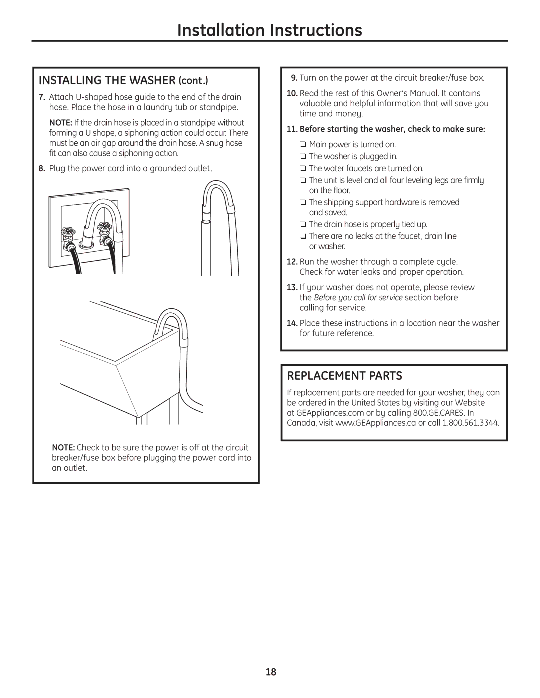 GE 175D1807P633 installation instructions Installing the Washer, Replacement Parts 