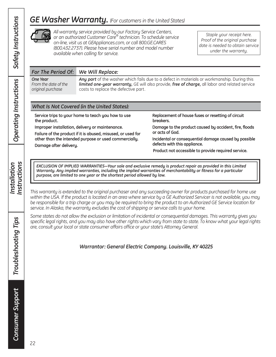 GE 175D1807P633 Instructions Safety Instructions, We Will Replace, What Is Not Covered in the United States, One Year 