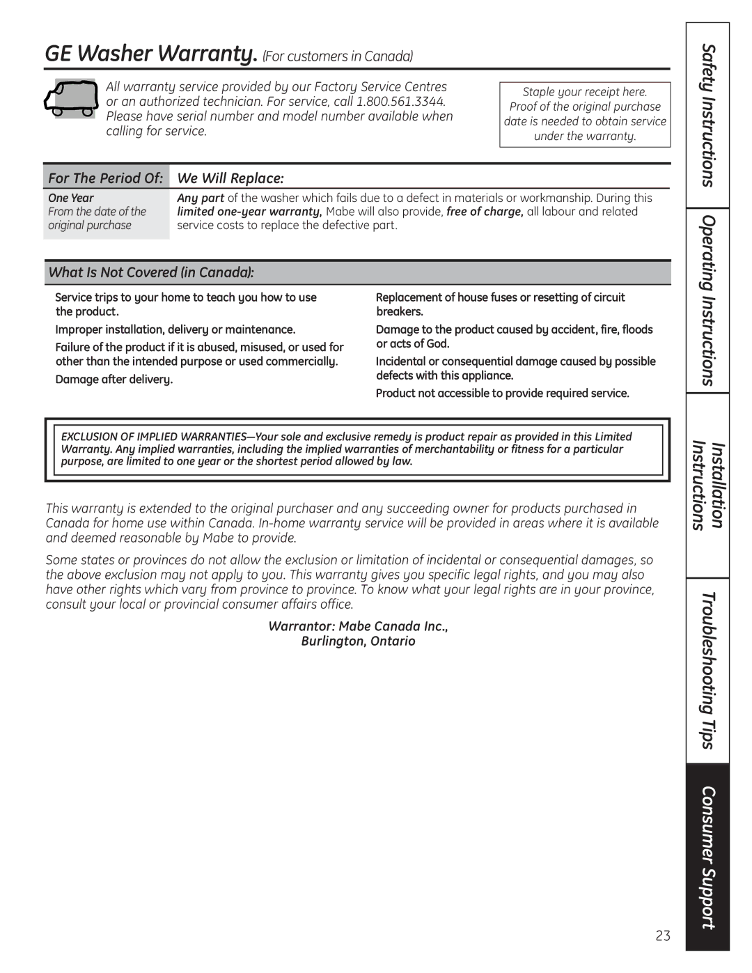 GE 175D1807P633 installation instructions GE Washer Warranty. For customers in Canada, What Is Not Covered in Canada 