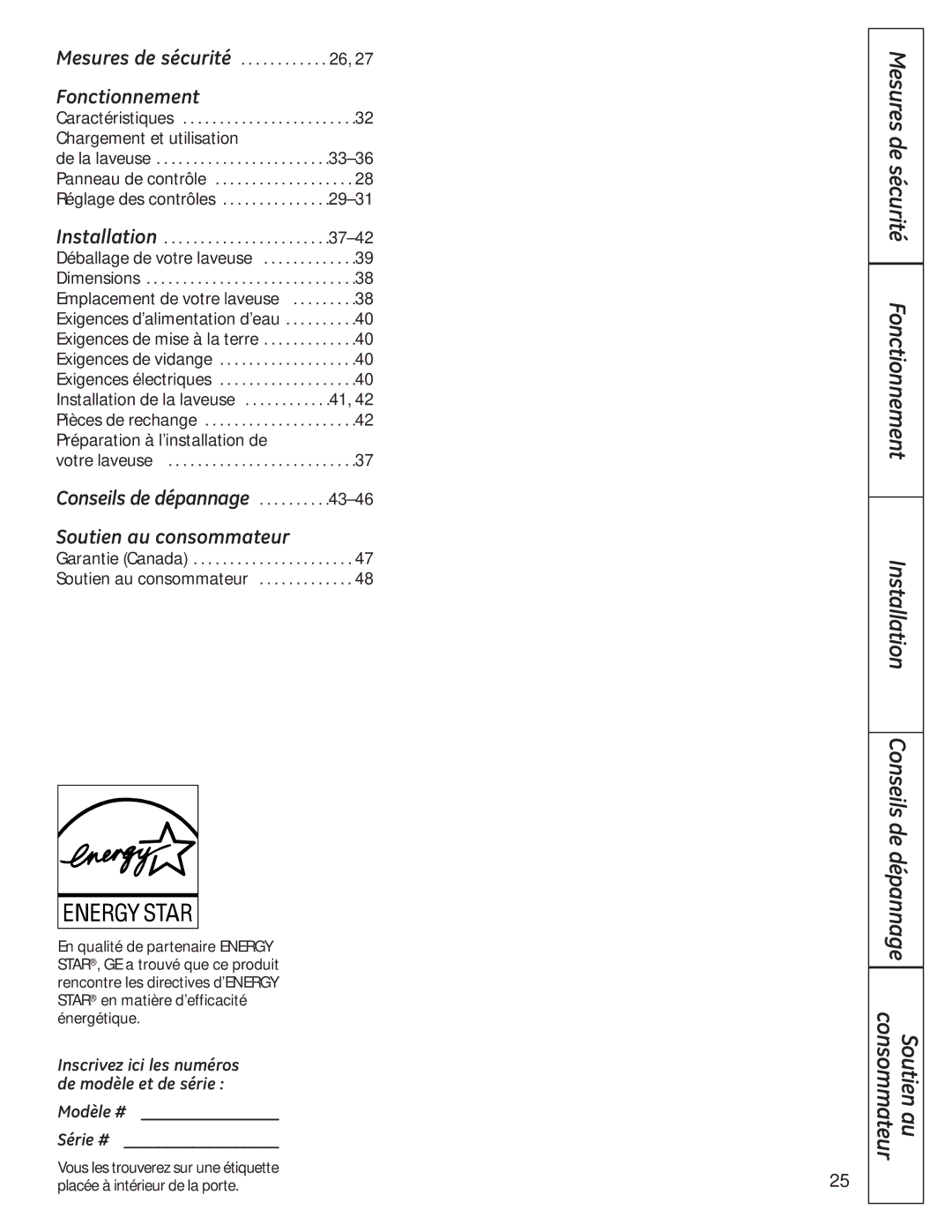 GE 175D1807P633 Mesures de sécurité Fonctionnement Installation, Inscrivez ici les numéros de modèle et de série 