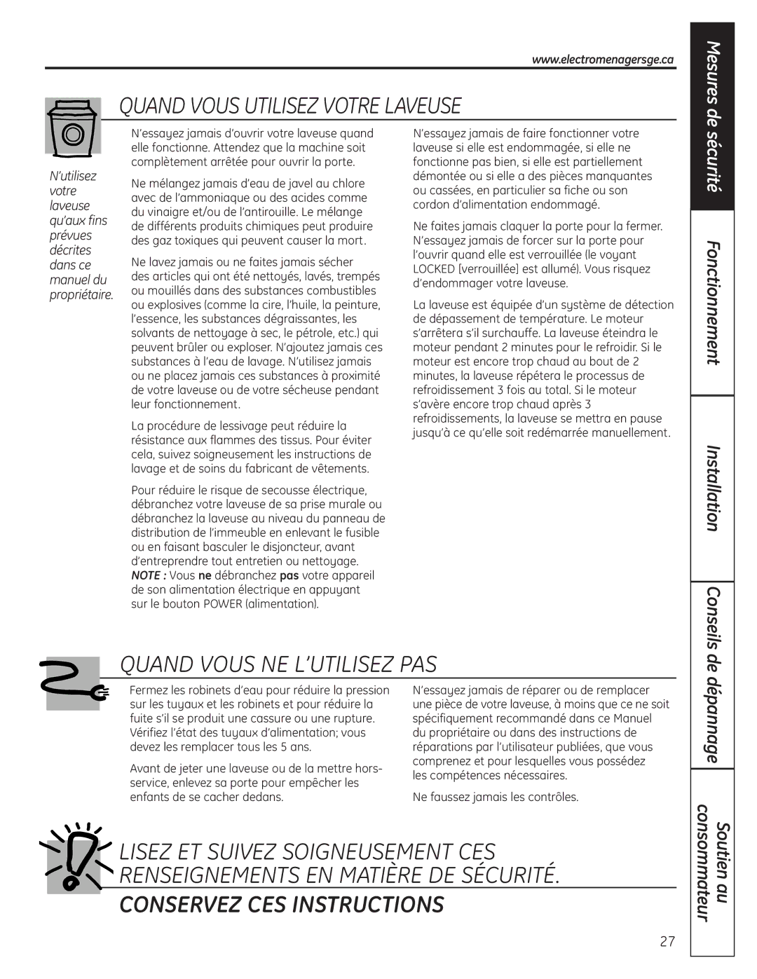 GE 175D1807P633 installation instructions Sécurité Fonctionnement Installation, Dépannage 