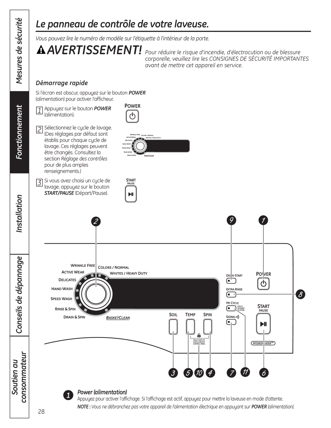 GE 175D1807P633 Le panneau de contrôle de votre laveuse, Fonctionnement Mesures de sécurité Installation, Démarrage rapide 