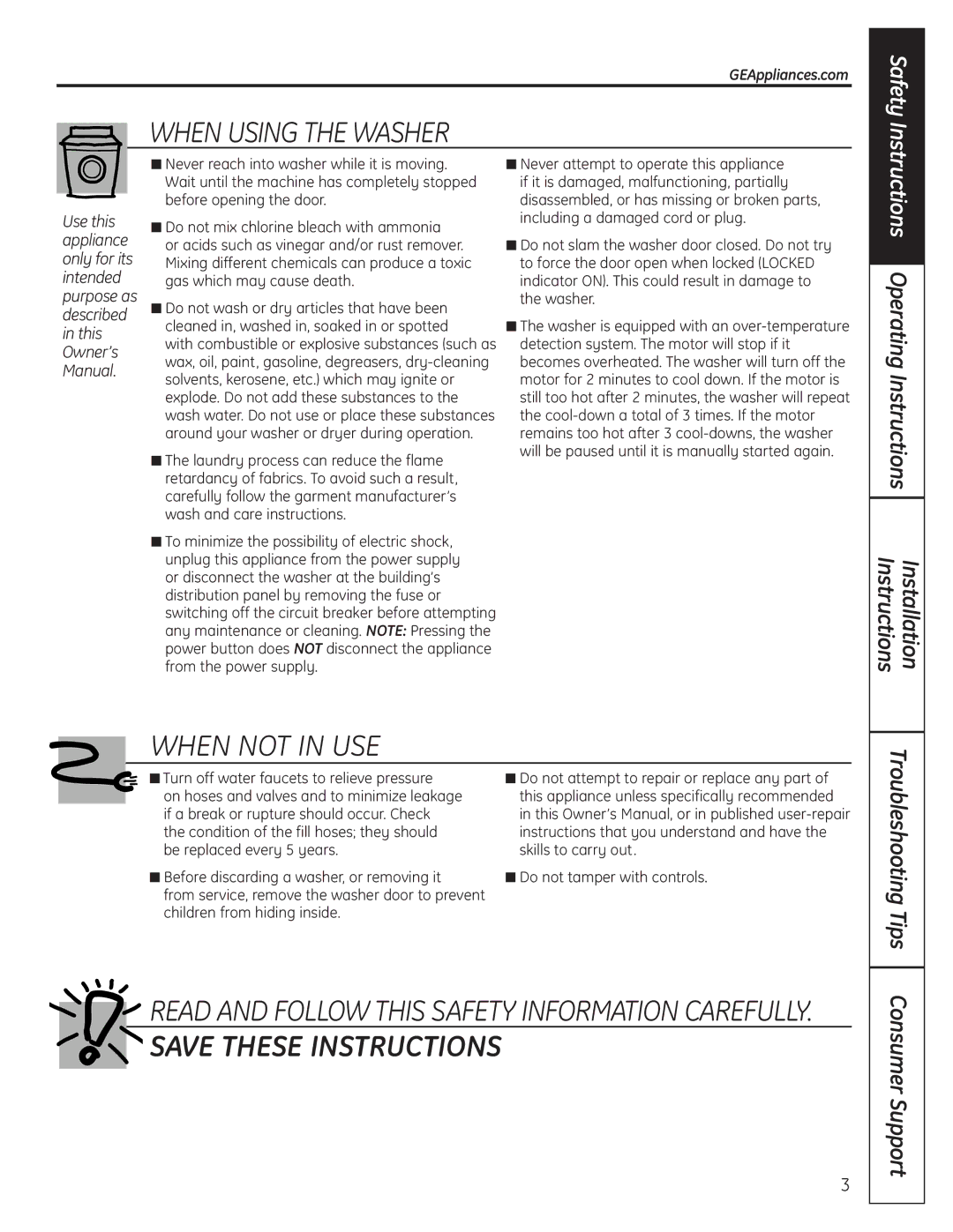 GE 175D1807P633 Instructions Operating Instructions Installation, GEAppliances.com, Troubleshooting Tips Consumer Support 