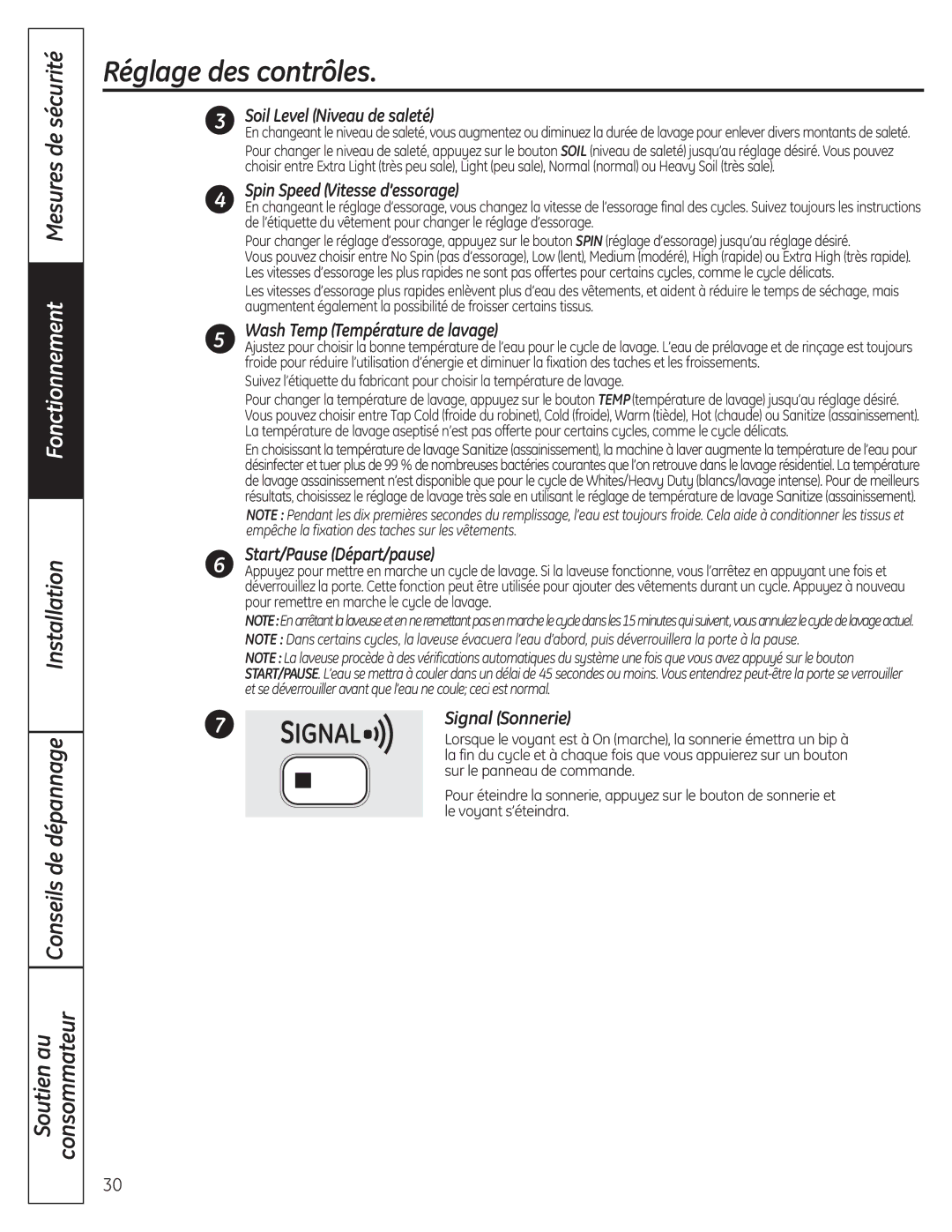 GE 175D1807P633 installation instructions Réglage des contrôles, Soil Level Niveau de saleté, Spin Speed Vitesse d’essorage 