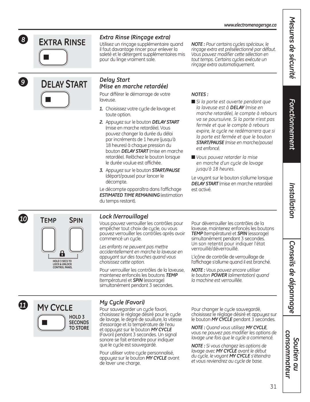 GE 175D1807P633 Extra Rinse Rinçage extra, Delay Start Mise en marche retardée, Lock Verrouillage, My Cycle Favori 