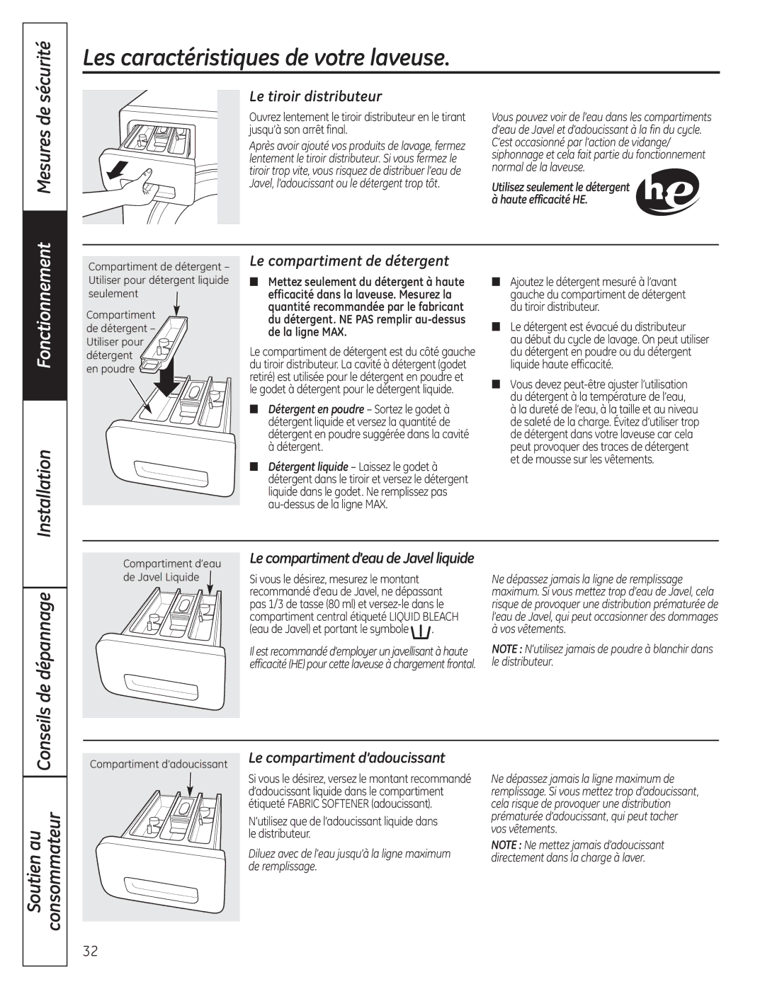 GE 175D1807P633 Les caractéristiques de votre laveuse, Sécurité, Mesures de, Conseils de dépannage 