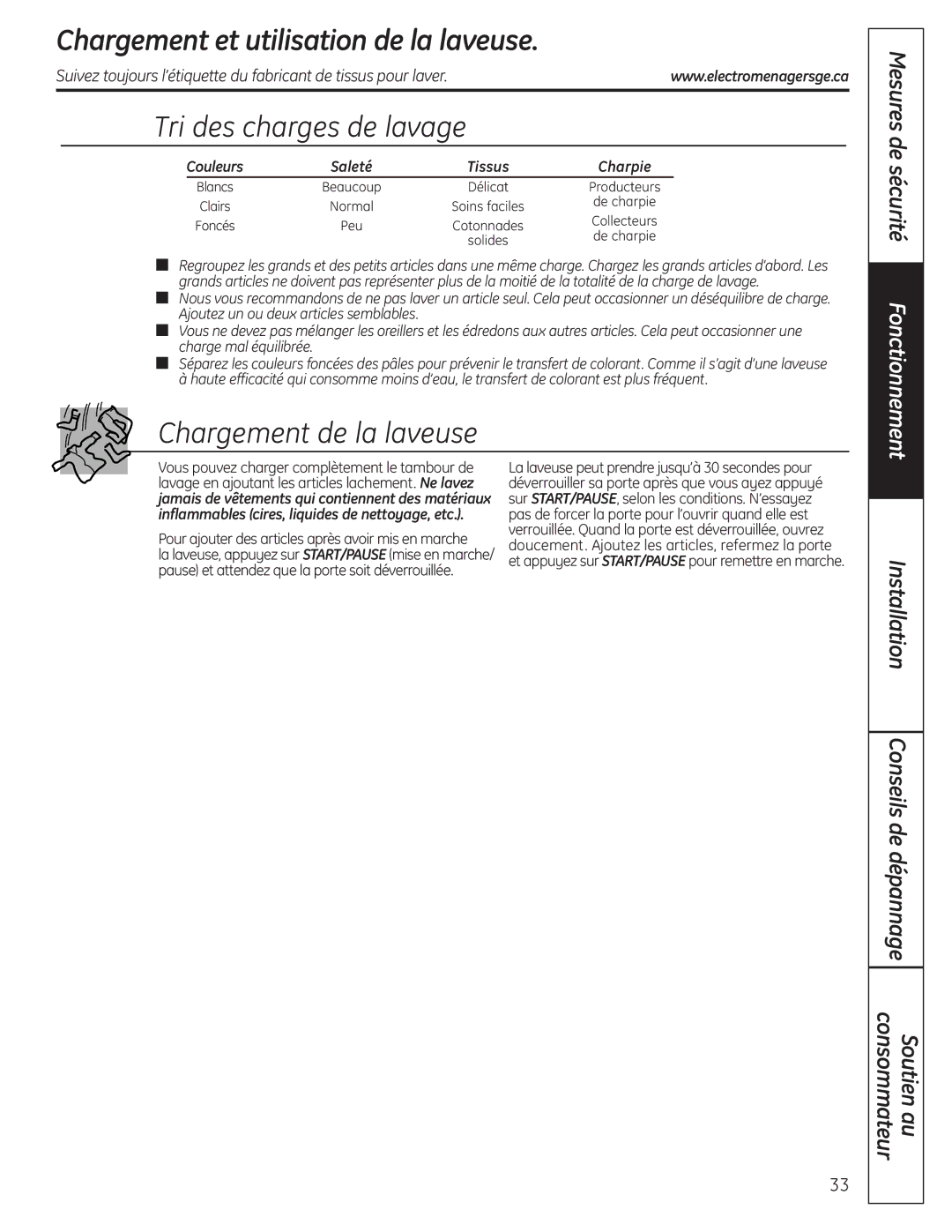 GE 175D1807P633 Chargement et utilisation de la laveuse, Tri des charges de lavage, Chargement de la laveuse, Couleurs 