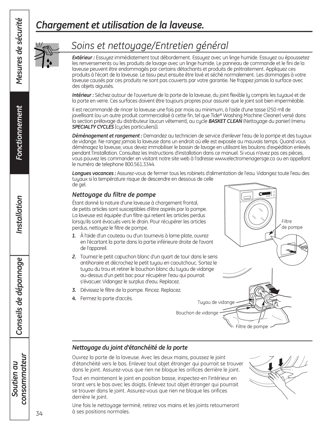 GE 175D1807P633 Soins et nettoyage/Entretien général, Fonctionnement Mesures de sécurité, Installation Dépannage 