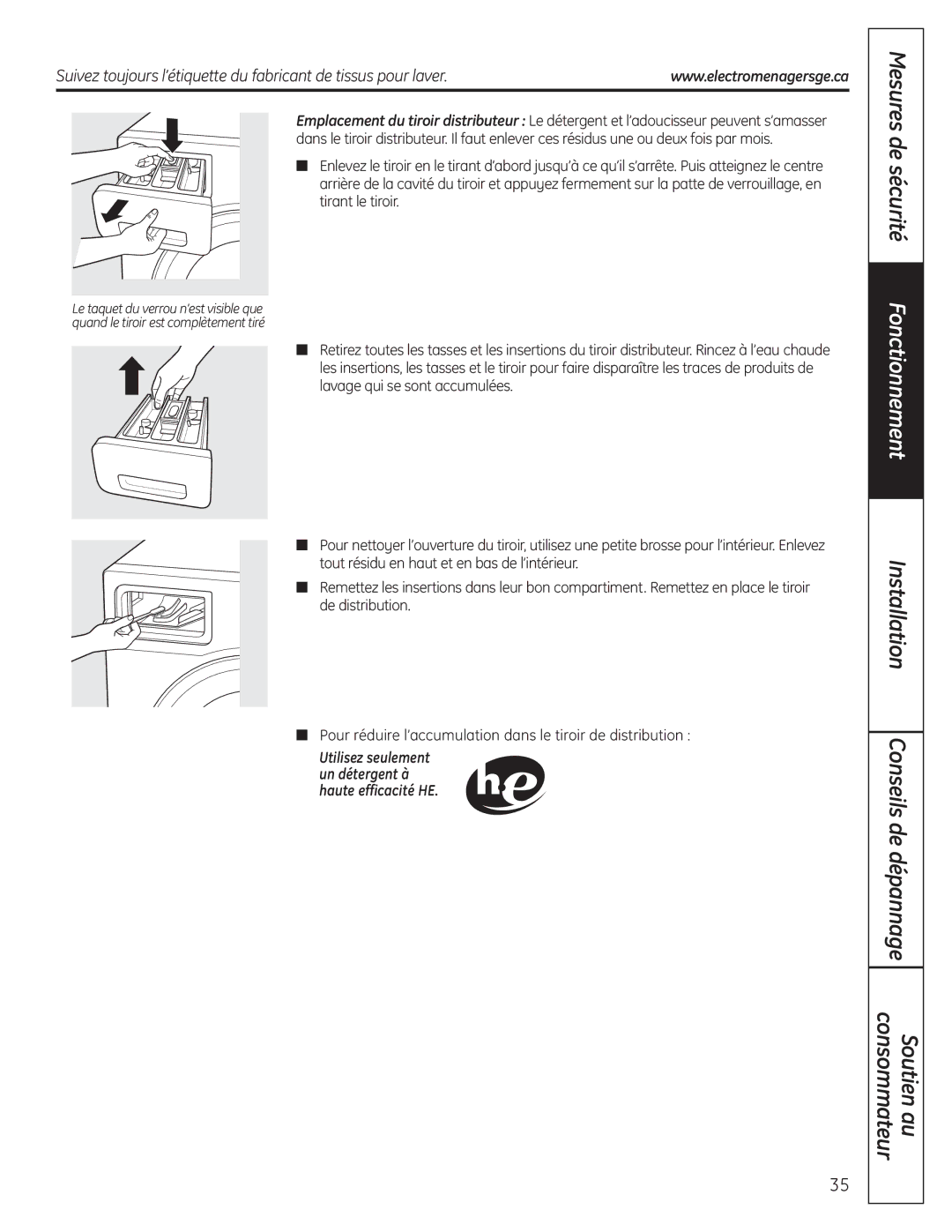 GE 175D1807P633 installation instructions Utilisez seulement un détergent à haute efficacité HE 