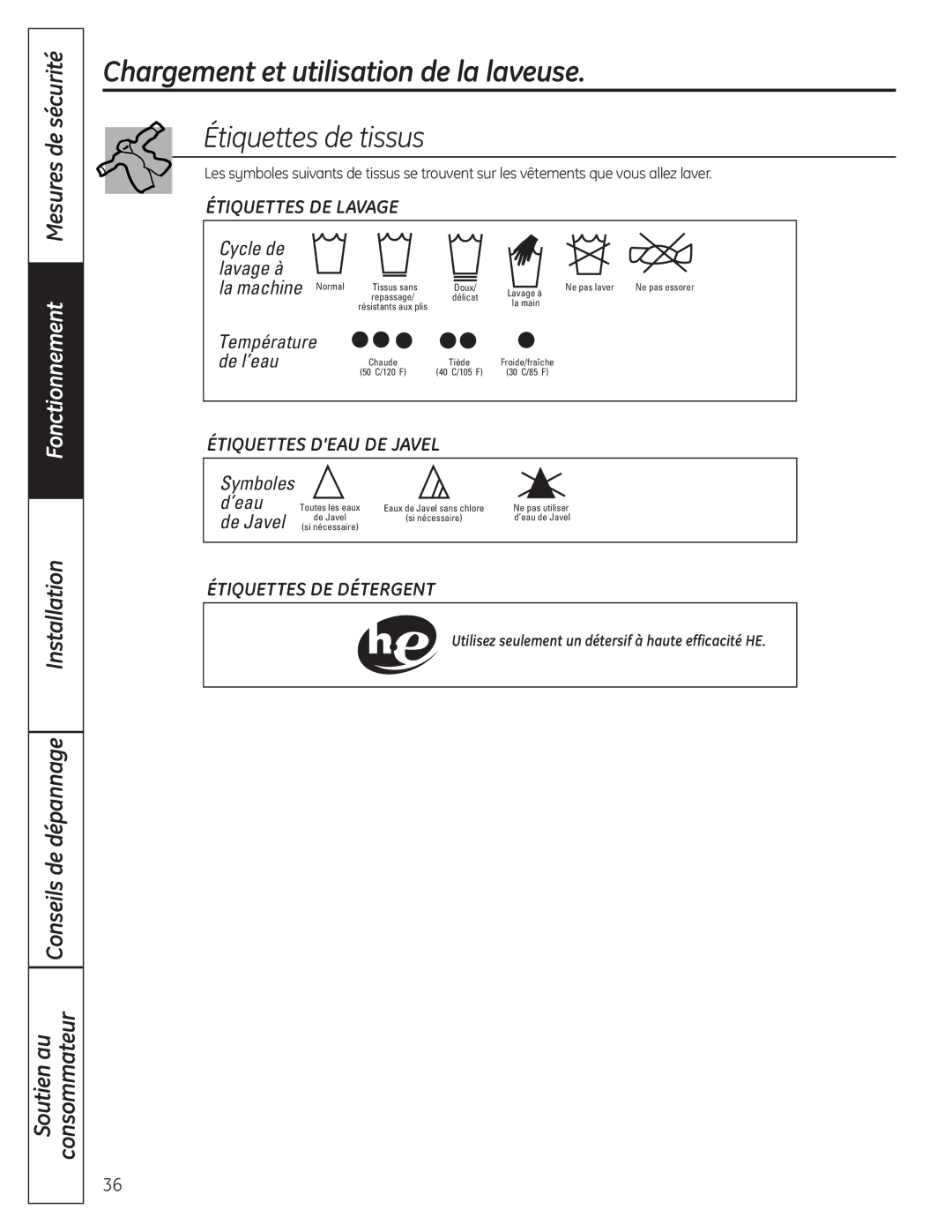 GE 175D1807P633 installation instructions Étiquettes de tissus, Utilisez seulement un détersif à haute efficacité HE 