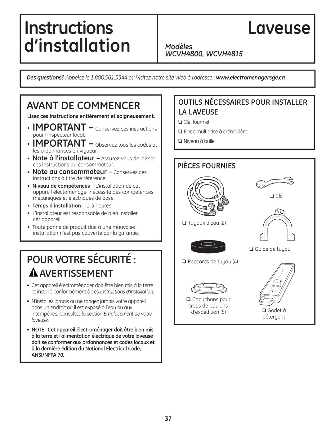 GE 175D1807P633 installation instructions Outils Nécessaires Pour Installer LA Laveuse, Pièces Fournies, Détergent 