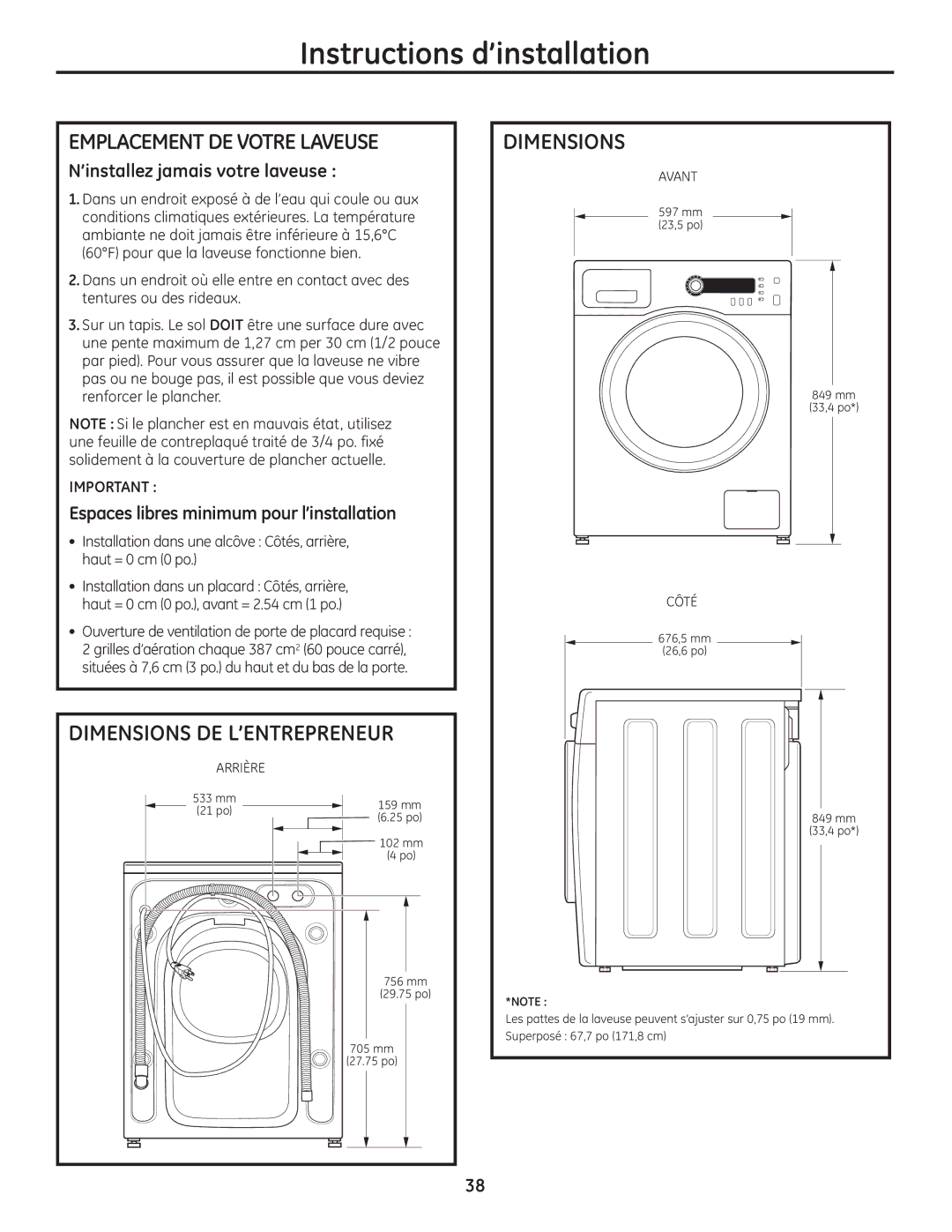 GE 175D1807P633 installation instructions Emplacement DE Votre Laveuse, Dimensions DE L’ENTREPRENEUR 