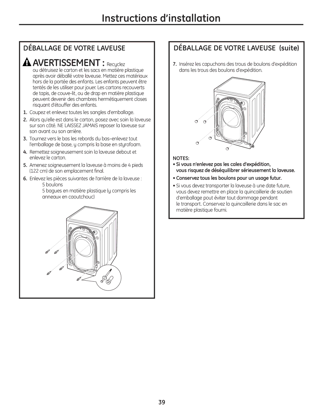 GE 175D1807P633 installation instructions Avertissement Recyclez, Déballage DE Votre Laveuse 