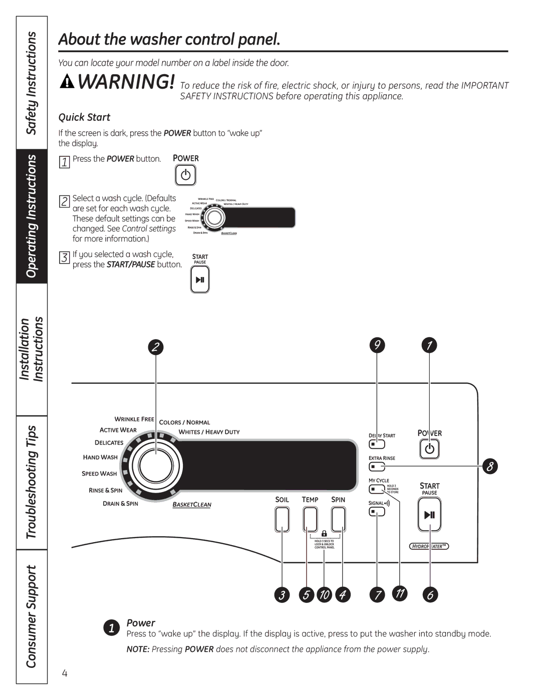 GE 175D1807P633 installation instructions About the washer control panel, Quick Start, Power 