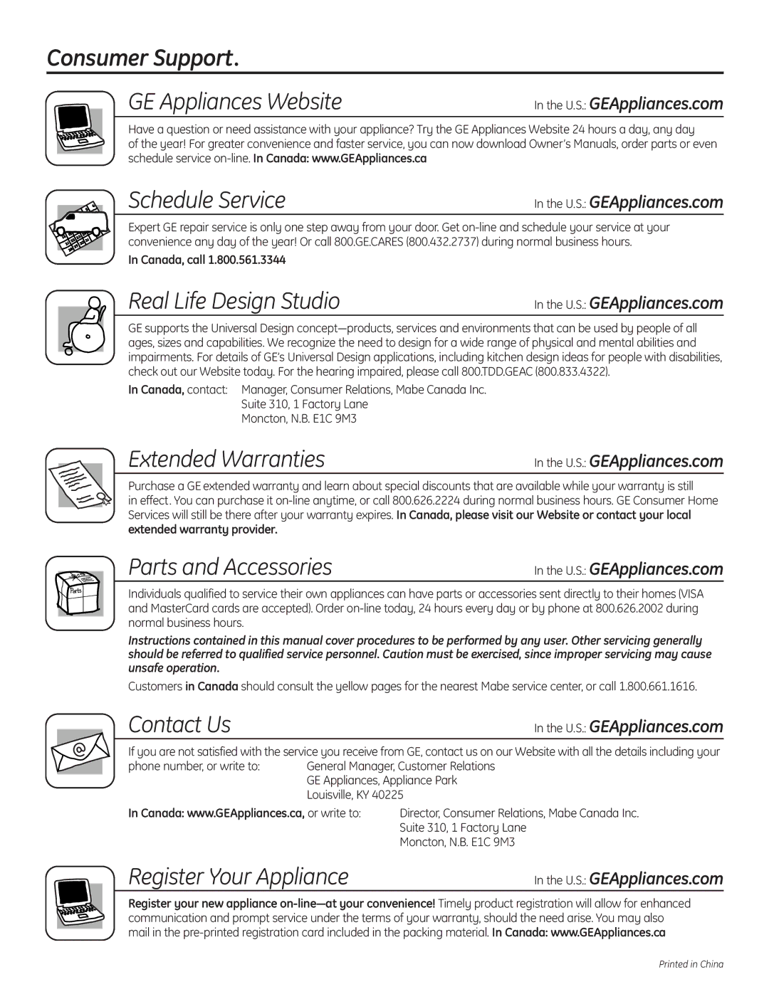 GE 175D1807P633 installation instructions Consumer Support 