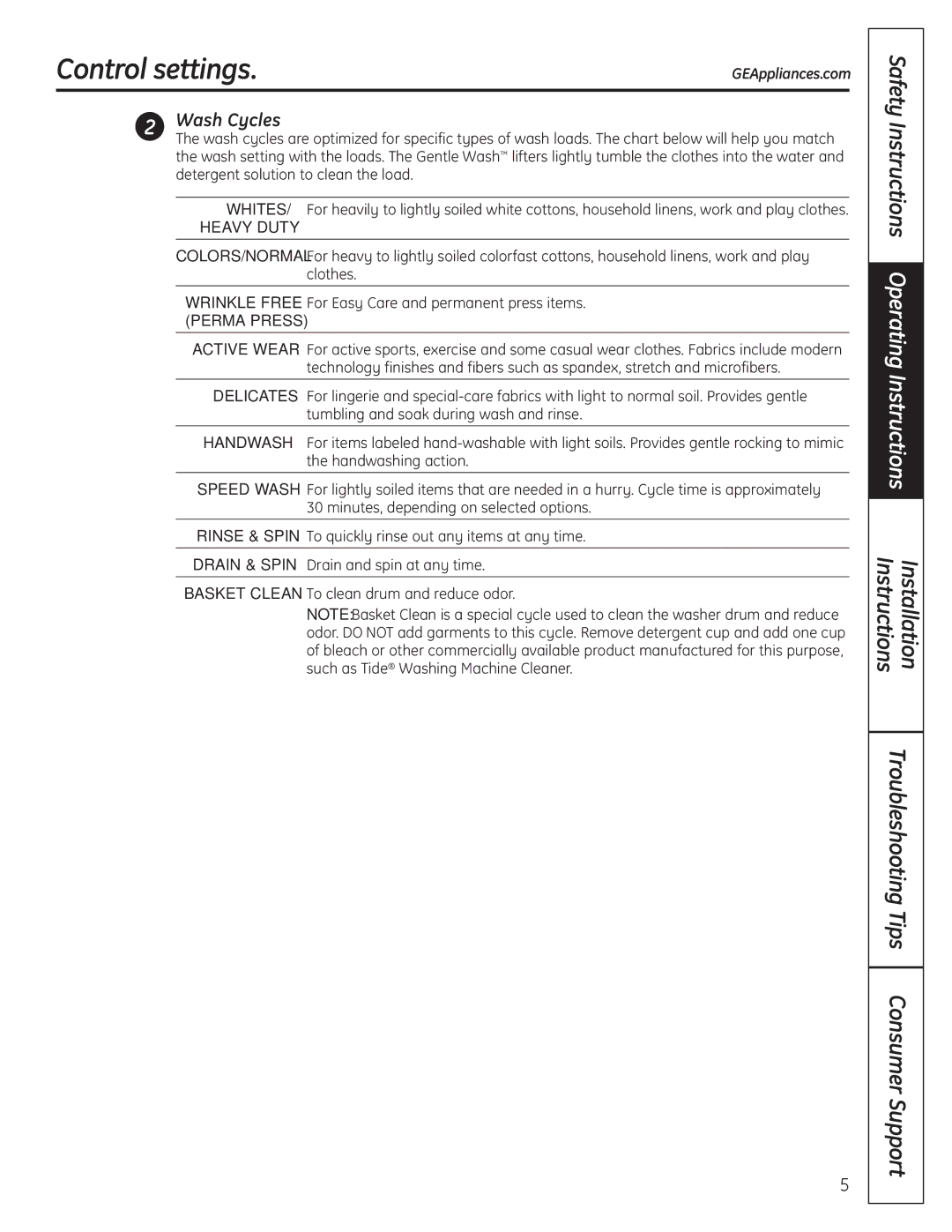 GE 175D1807P633 installation instructions Control settings, Wash Cycles 