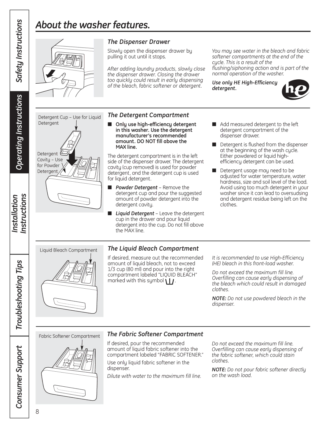 GE 175D1807P633 installation instructions About the washer features, Installation Instructions, Troubleshooting Tips 