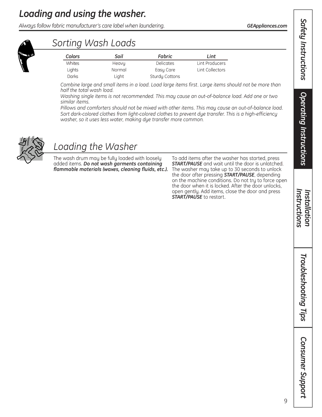 GE 175D1807P633 installation instructions Loading and using the washer, Sorting Wash Loads, Loading the Washer 