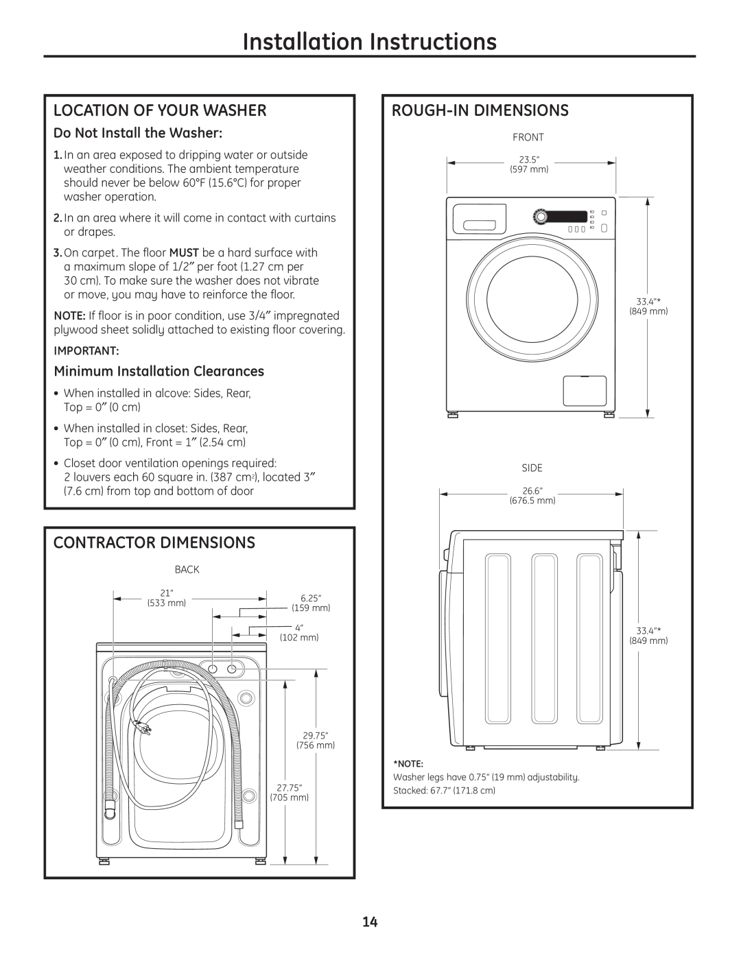 GE 175D1807P633 Installation Instructions, Location Of Your Washer, Contractor Dimensions, Rough-In Dimensions 
