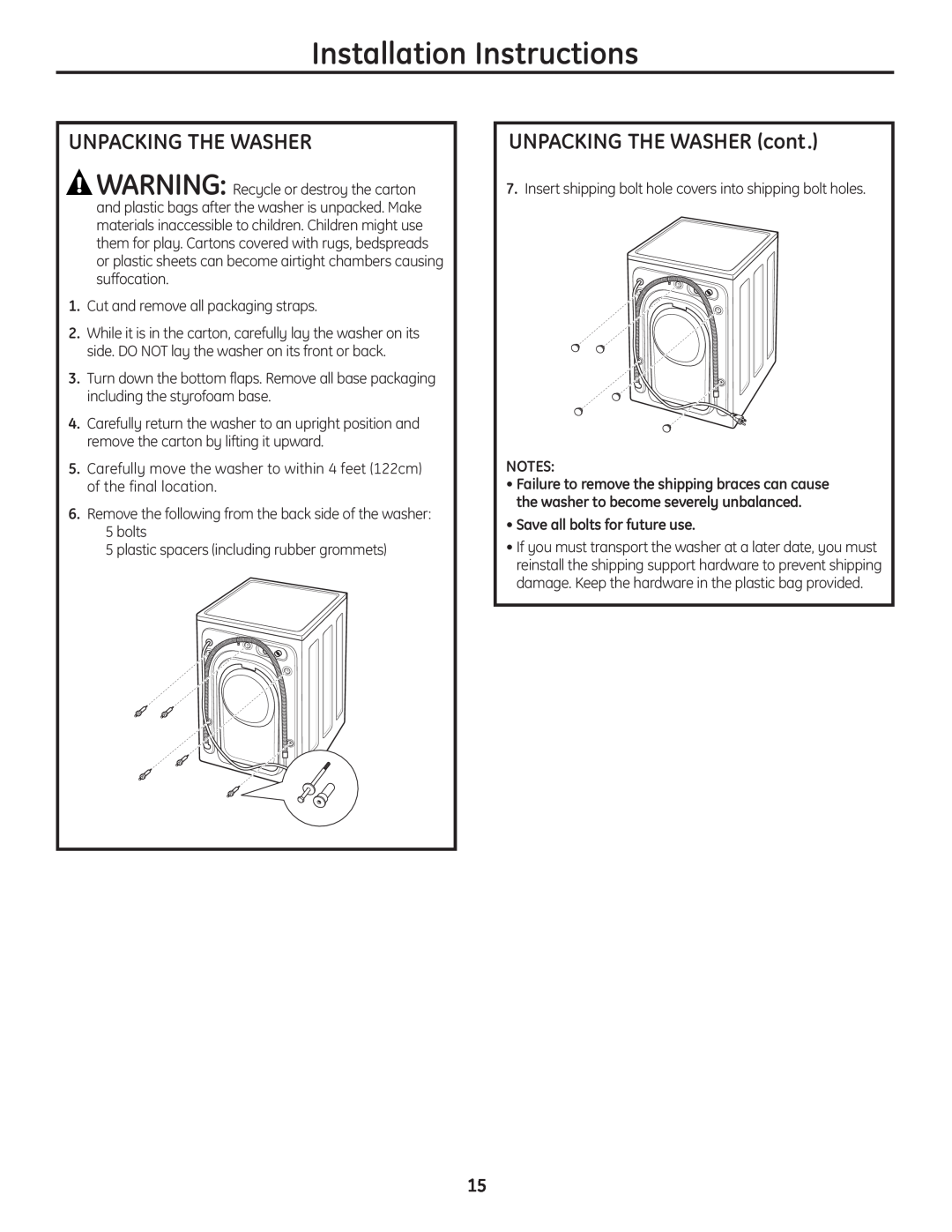 GE 175D1807P633 Unpacking The Washer, UNPACKING THE WASHER cont, Save all bolts for future use, Installation Instructions 