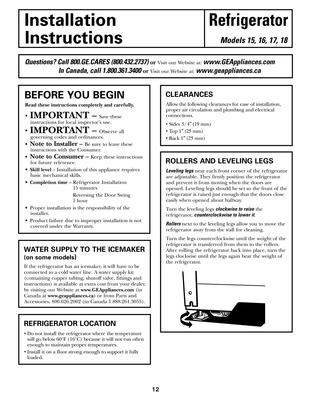 GE 17, 18, 16 warranty Before YOU Begin, Refrigerator Location, Clearances, Rollers and Leveling Legs 