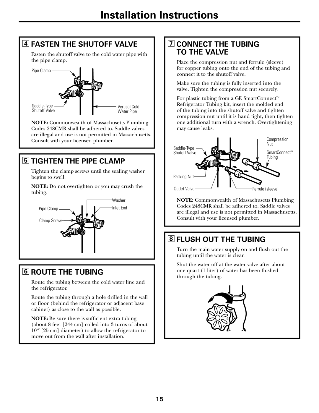 GE 17, 18, 16 warranty Fasten the Shutoff Valve, Tighten the Pipe Clamp, Route the Tubing, Flush OUT the Tubing 