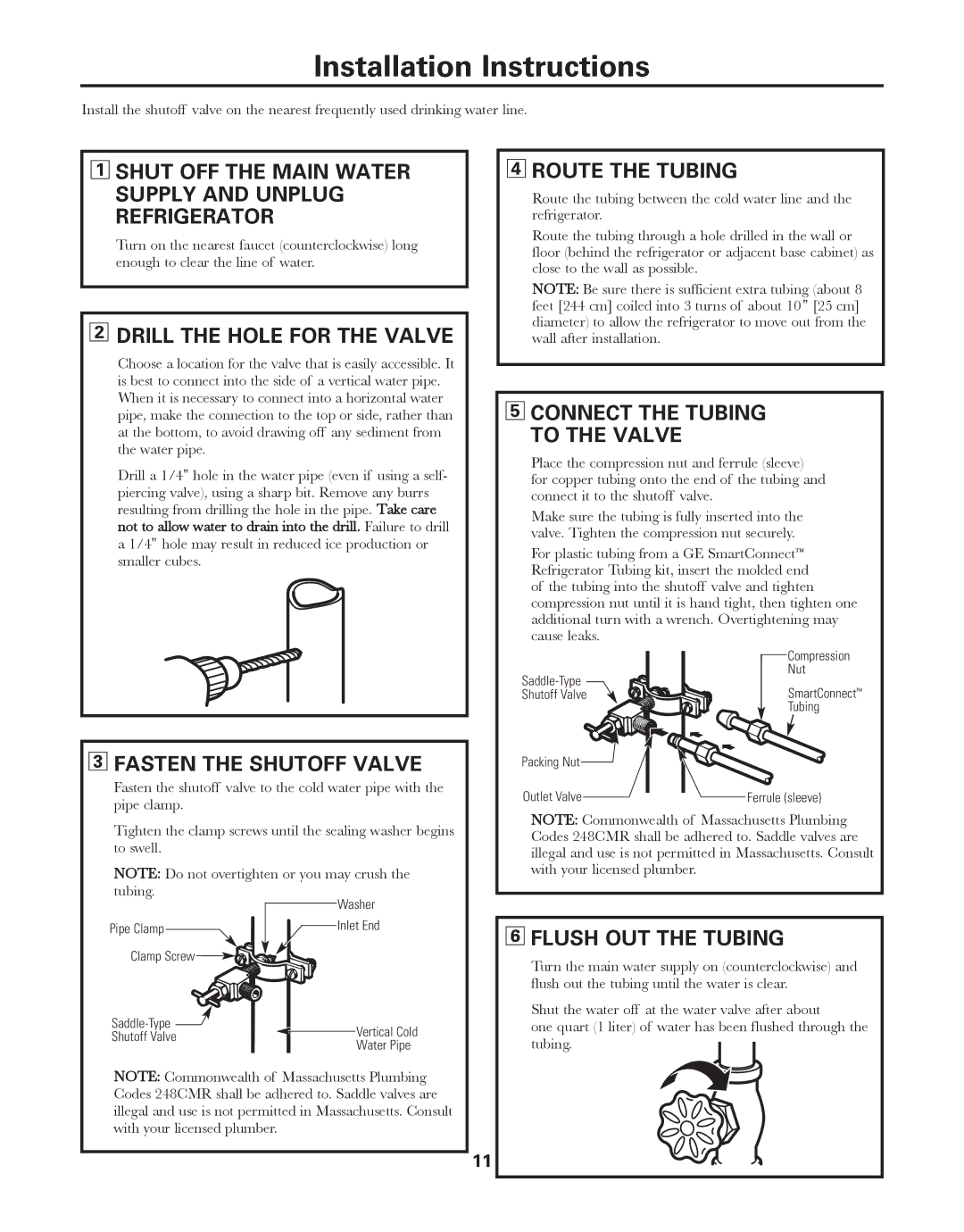 GE 16, 18 Shut OFF the Main Water Supply and Unplug Refrigerator, Drill the Hole for the Valve, Fasten the Shutoff Valve 