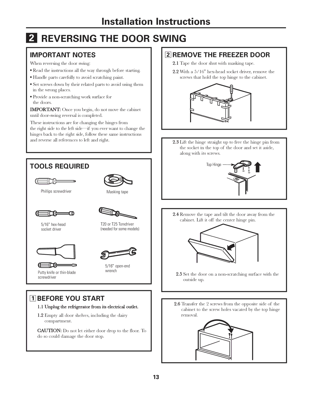 GE 17, 18, 16 Reversing the Door Swing, Important Notes, Tools Required, Remove the Freezer Door, Before YOU Start 