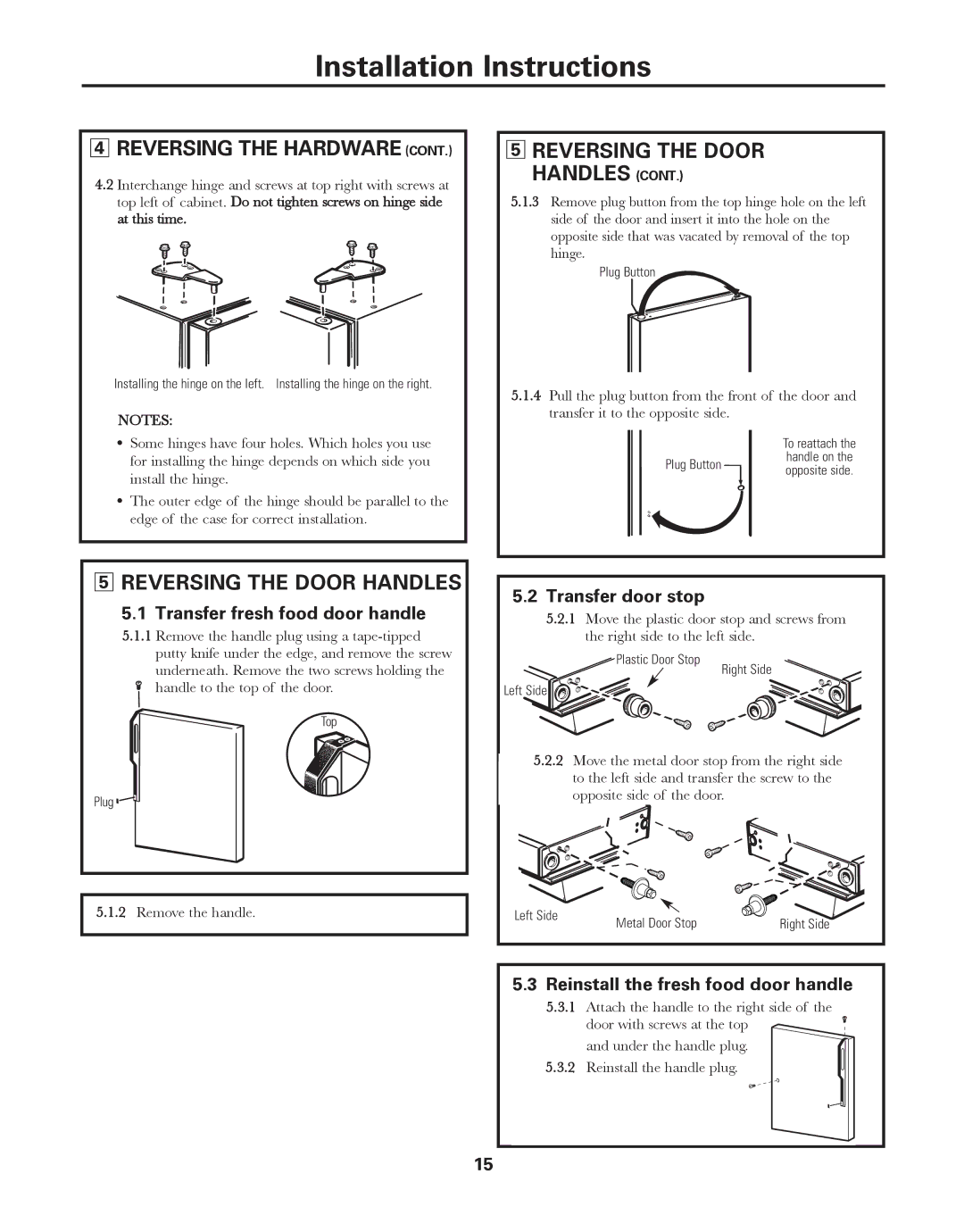 GE 18, 17, 16 installation instructions Reversing the Door Handles, Transfer fresh food door handle, Transfer door stop 