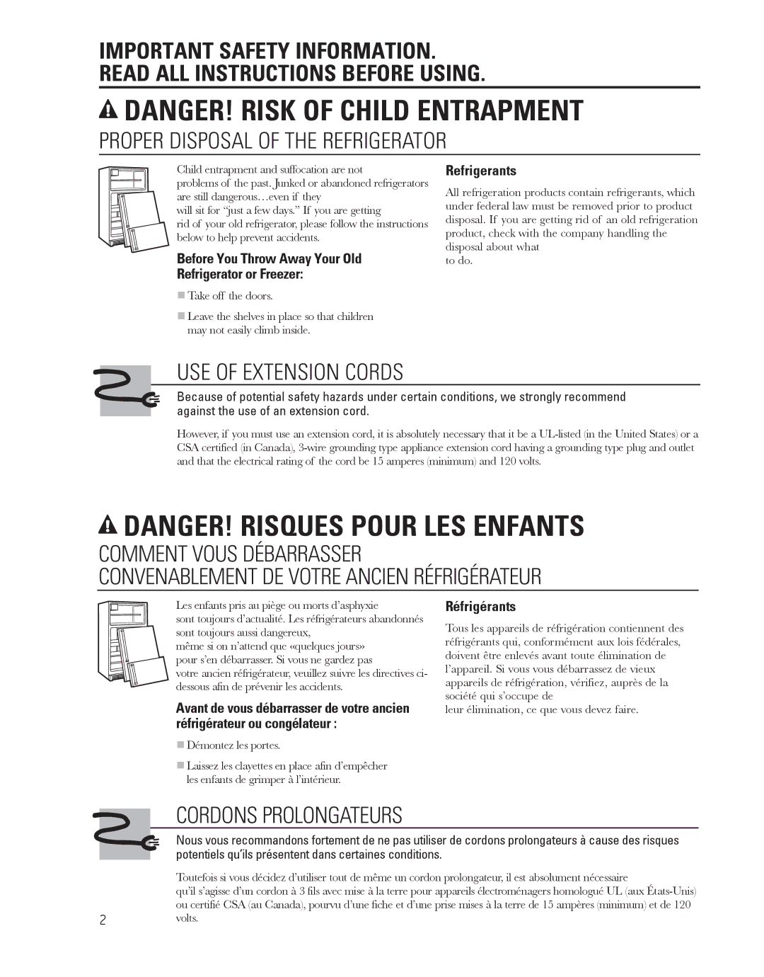 GE 16, 18 Before You Throw Away Your Old Refrigerator or Freezer, Refrigerants, Réfrigérants,  Démontez les portes, Volts 