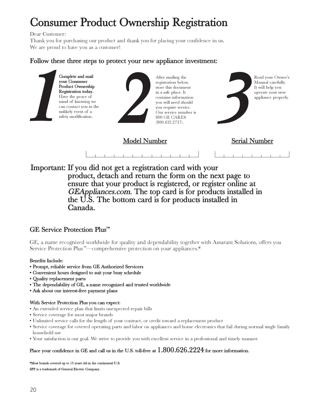 GE 16, 18, 17 installation instructions Consumer Product Ownership Registration 