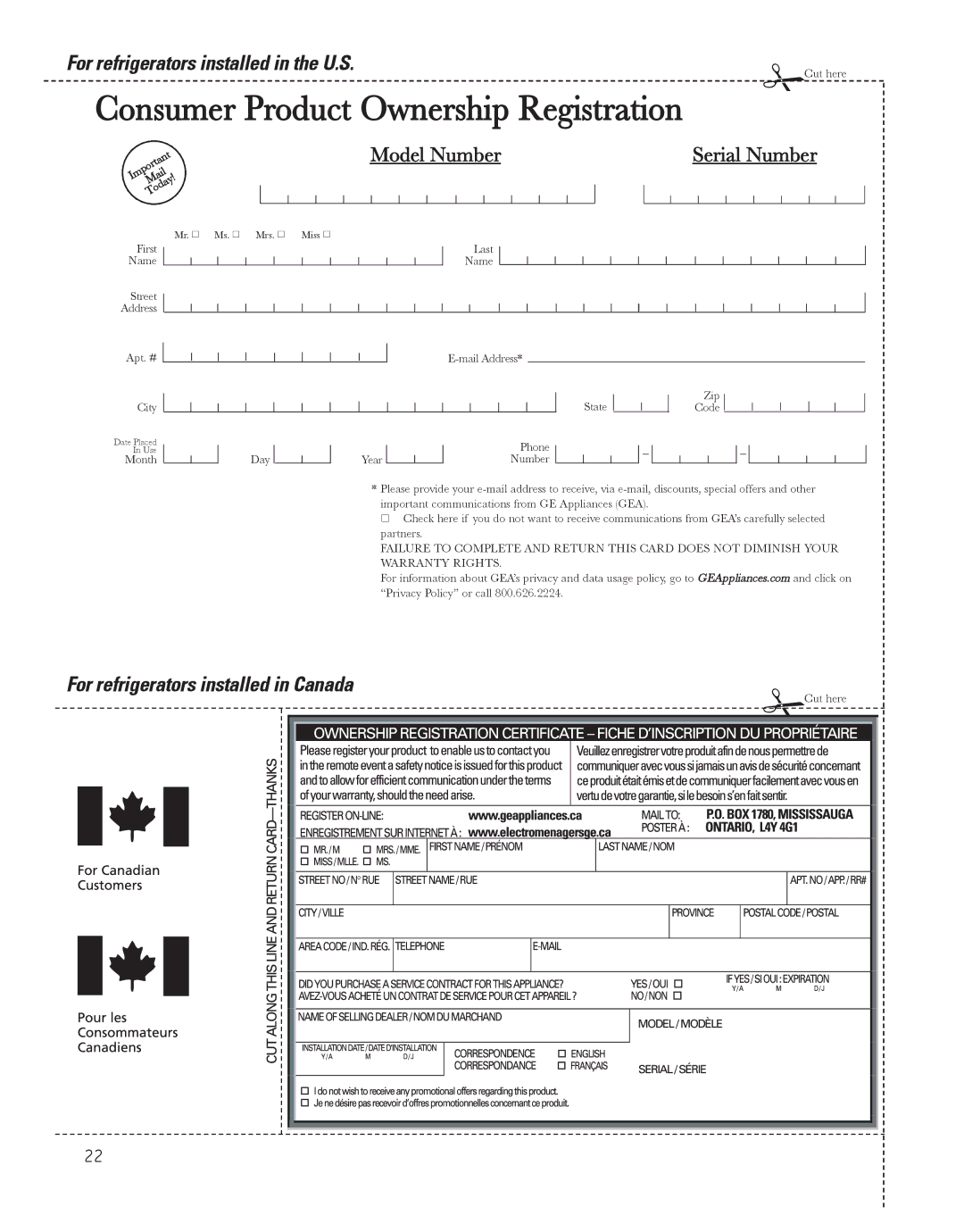 GE 17, 18, 16 installation instructions Consumer Product Ownership Registration 