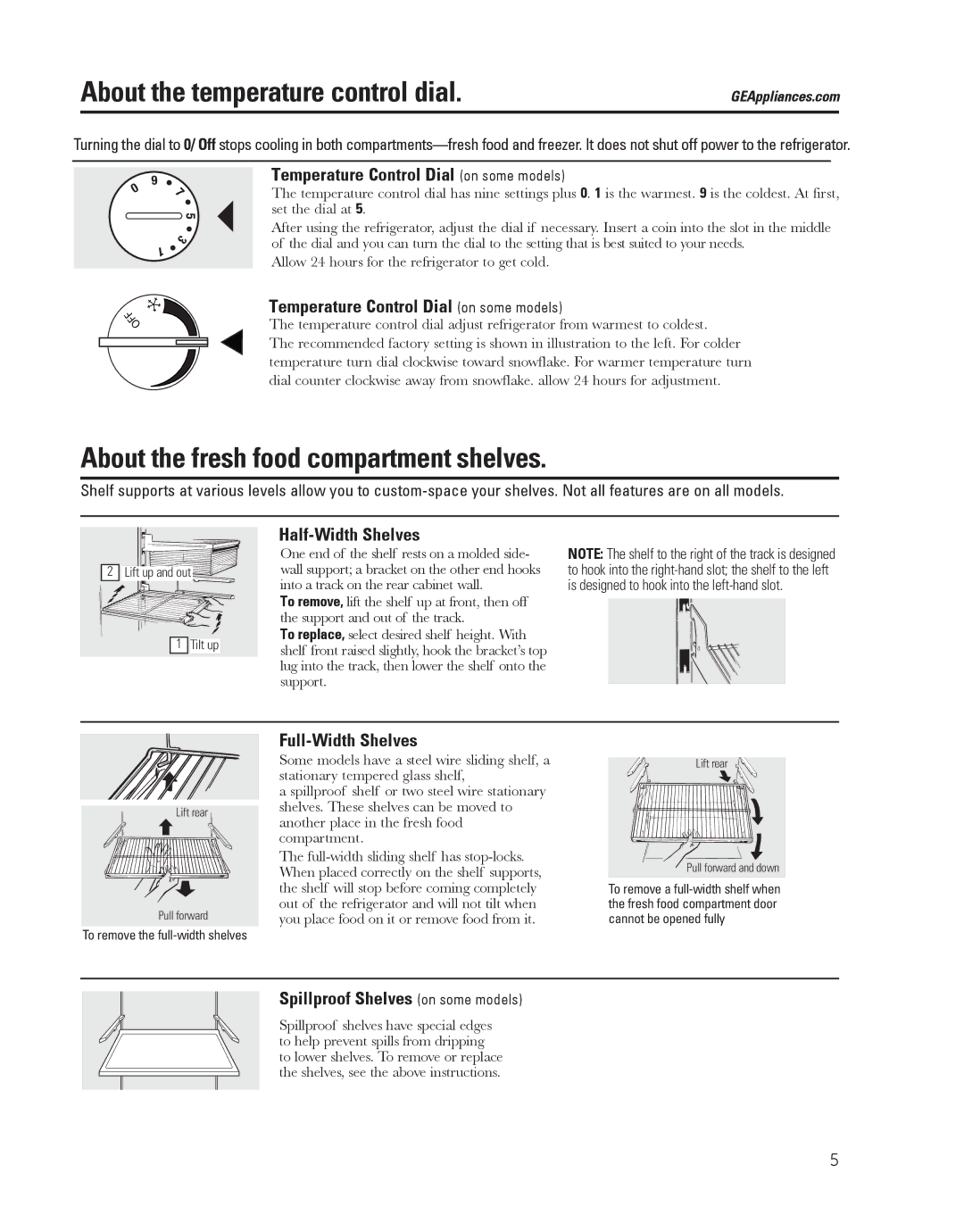 GE 16, 18, 17 About the fresh food compartment shelves, Temperature Control Dial on some models, Half-Width Shelves 