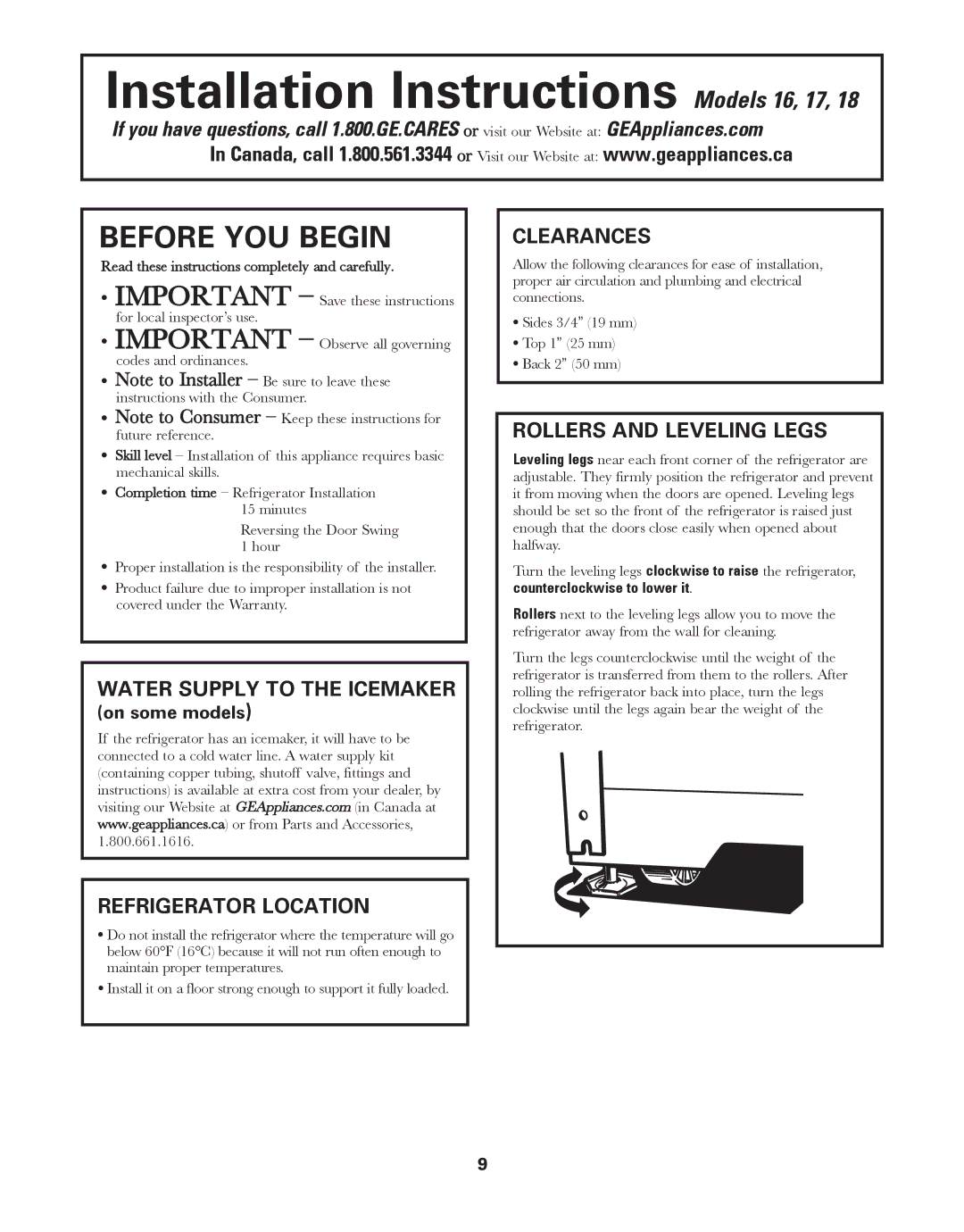 GE 18, 17, 16 installation instructions Before YOU Begin, Refrigerator Location, Clearances, Rollers and Leveling Legs 