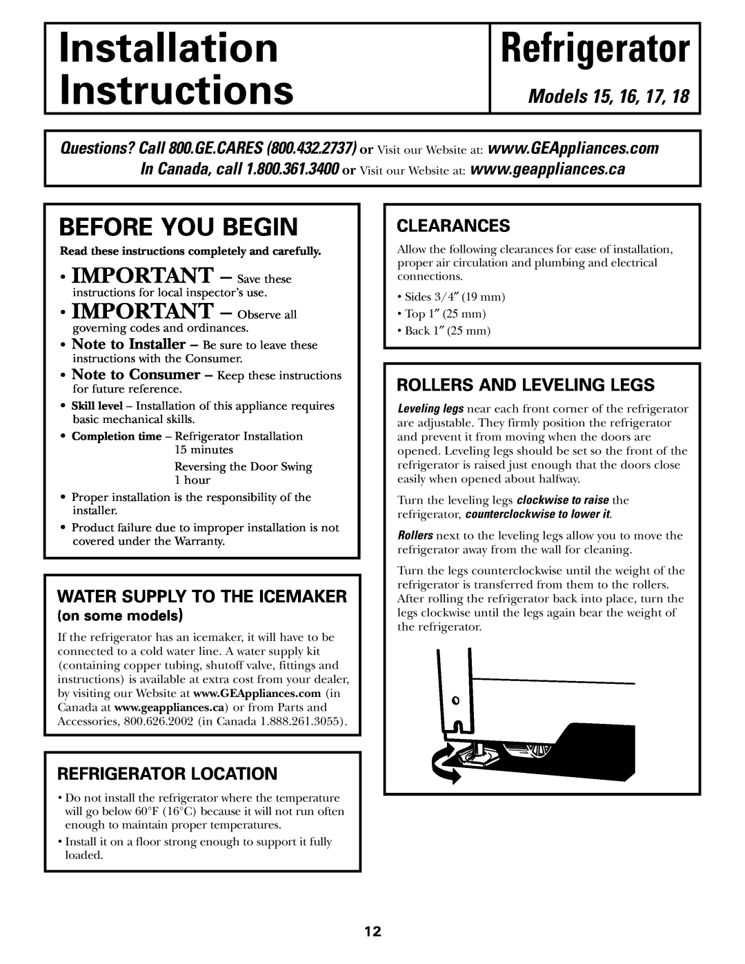 GE 18 installation instructions GEAppliances.com, Safety Instructions Operating Instructions, Installation Instructions 