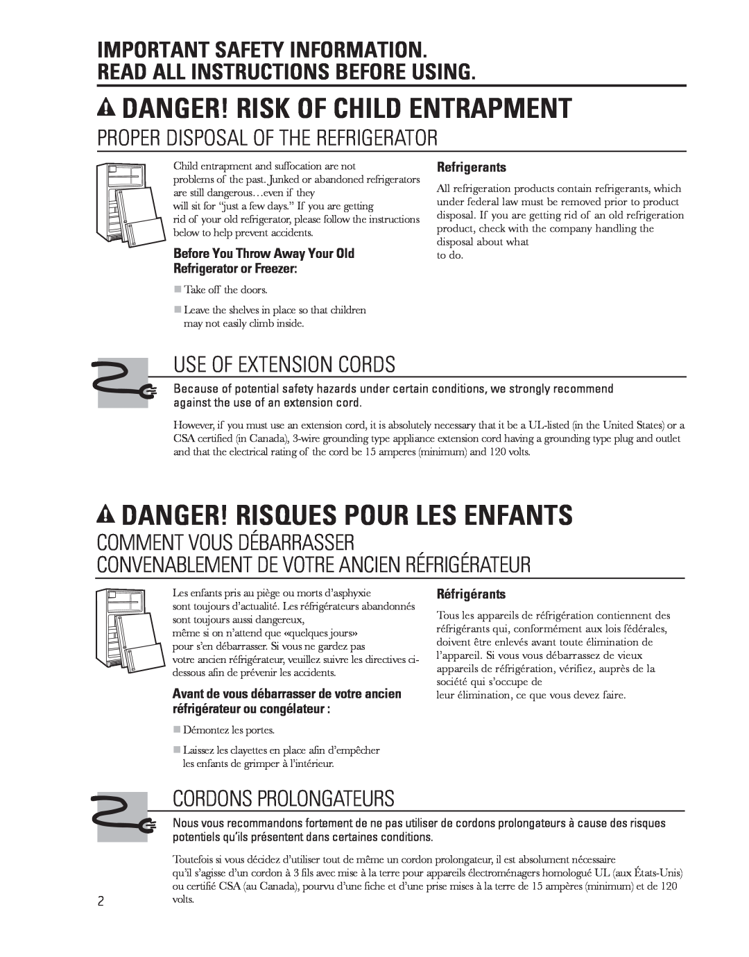 GE 16, 18, 17 Danger! Risk Of Child Entrapment, Danger! Risques Pour Les Enfants, Proper Disposal Of The Refrigerator 