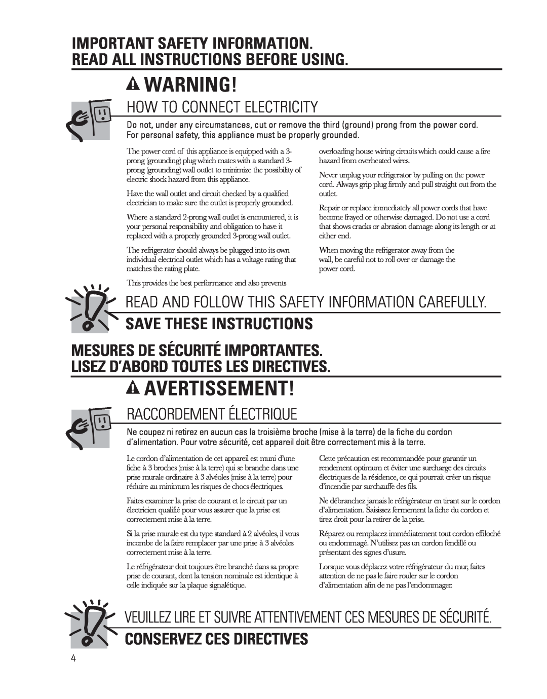 GE 17 Important Safety Information Read All Instructions Before Using, How To Connect Electricity, Raccordement Électrique 