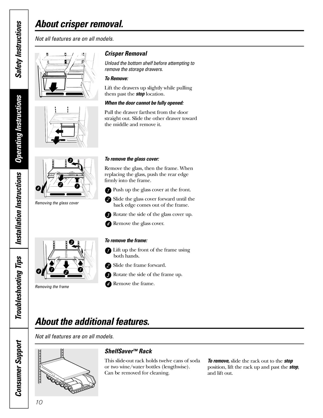 GE 18, 19 operating instructions About crisper removal, About the additional features, Crisper Removal, ShelfSaver Rack 