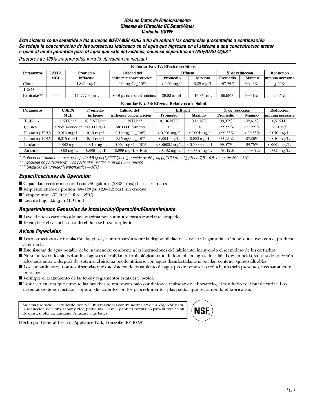 GE 18, 19 operating instructions Especificaciones de Operación, Avisos Especiales 