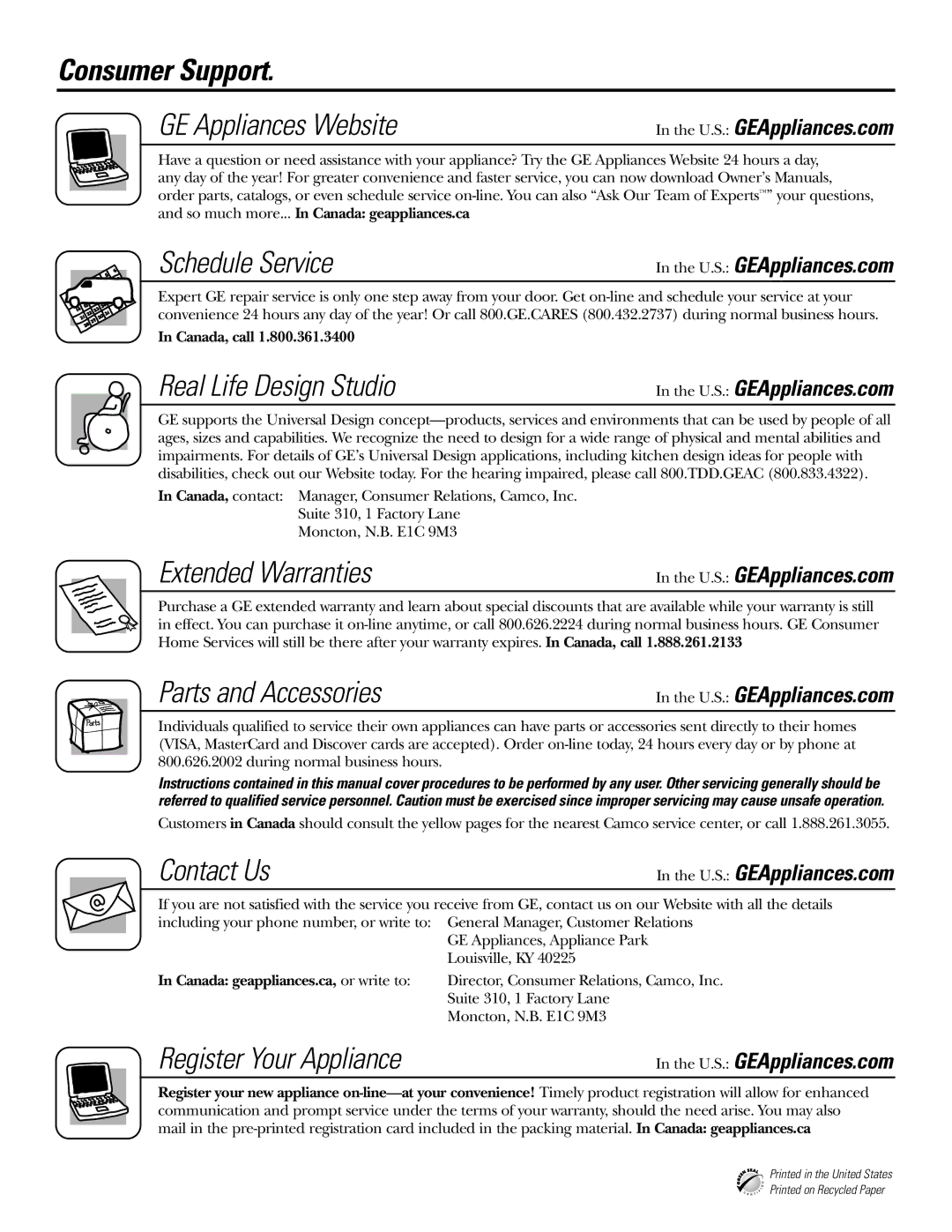 GE 18, 19 operating instructions Consumer Support, U.S. GEAppliances.com 