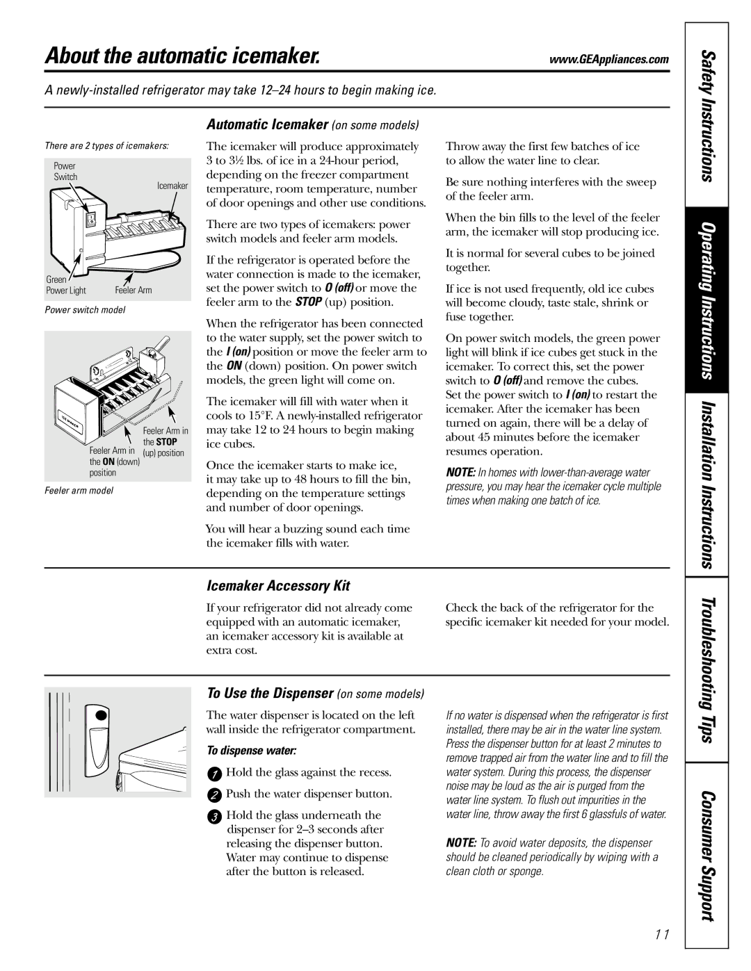 GE 18, 19 About the automatic icemaker, Safety, Tips Consumer Support, Automatic Icemaker on some models 