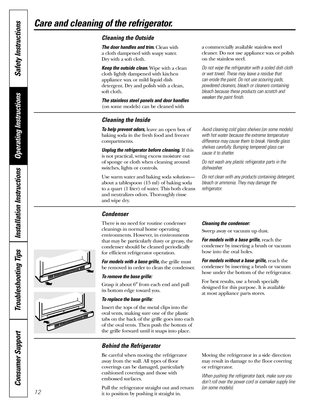 GE 18, 19 Care and cleaning of the refrigerator, Instructions Operating Instructions Safety Instructions, Consumer 