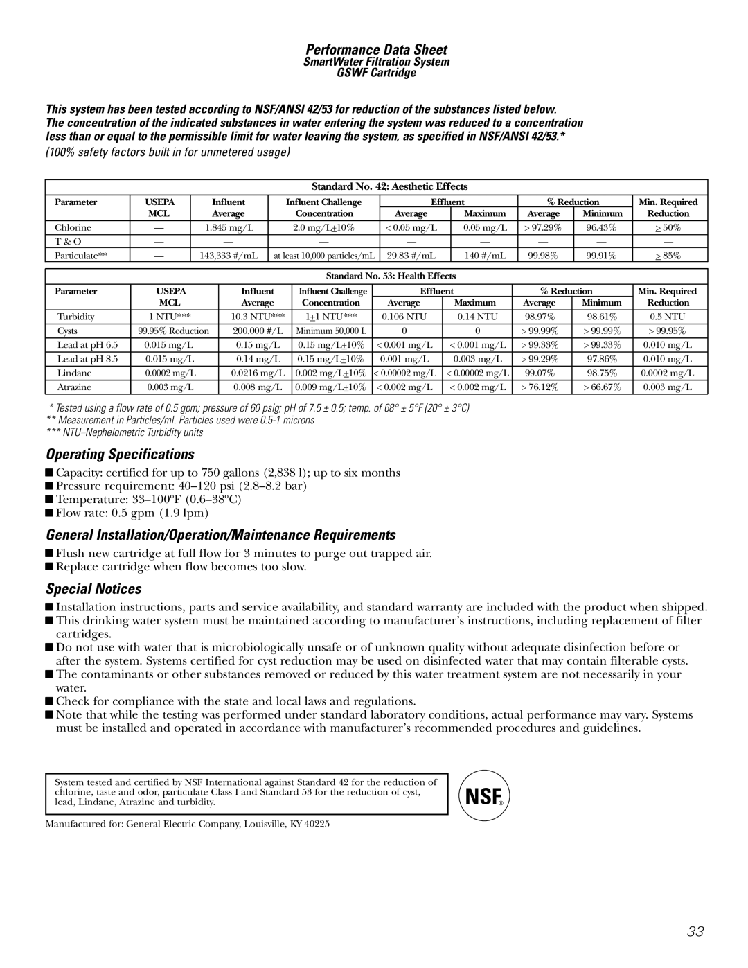 GE 18, 19 Performance Data Sheet, Operating Specifications, General Installation/Operation/Maintenance Requirements 